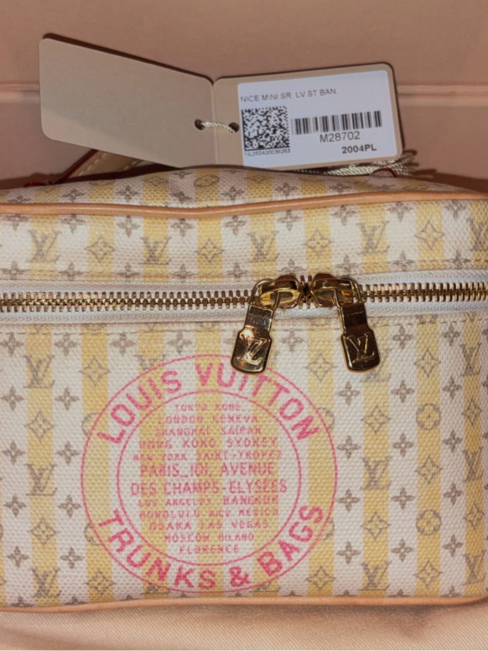 Louis Vuitton Yellow & Beige Striped Cosmetic Pouch with Pink Logo Stamp